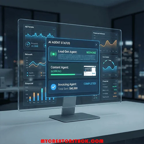 A futuristic dashboard interface showing various "agents" active: "Research Agent: Active", "Outreach Agent: Active", "Billing Agent: Sleeping".