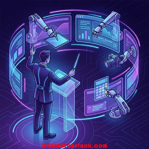 An illustration of a human "conductor" holding a baton, directing a series of glowing, abstract digital interfaces or robotic arms playing different instruments.